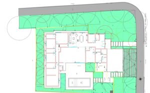 Planta baixa de uma construção residencial com a irrigação feita de forma 100% automatizada e utilizando diferentes tipos de aspersores parra irrigar os gramados.